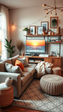 Cozy living room interior with sofa, tv, armchair and plantsの素材