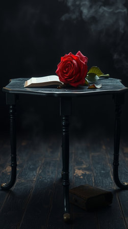 Still life with a rose and a book on a dark wooden backgroundの写真素材