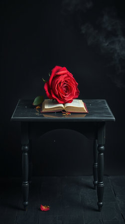 Red rose on a black table with a book and smoke on a black backgroundの写真素材