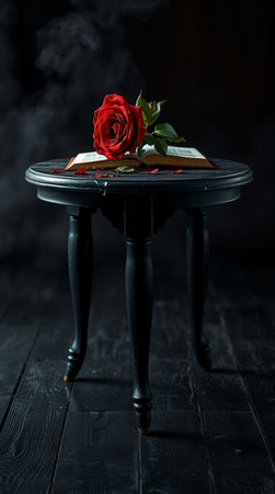 Red rose and book on a black wooden table. Dark background.の写真素材