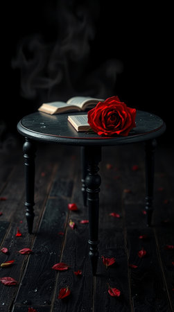 Red rose on a black wooden table with a book and a candleの写真素材