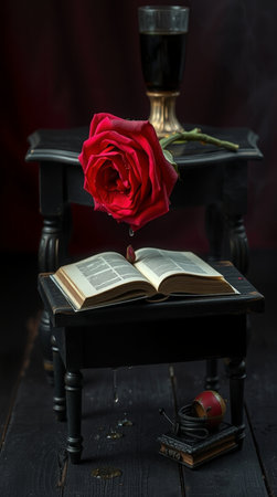 A red rose and a book on a black wooden table. Dark background.の写真素材