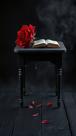Red rose and a book on a black wooden table. Dark background.の写真素材