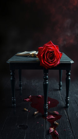 Still life with a red rose on a dark wooden background with copy spaceの写真素材