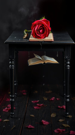 Red rose on a black table with a book and rose petalsの写真素材