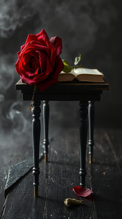 Red rose and old book on a wooden table. Dark background.の写真素材