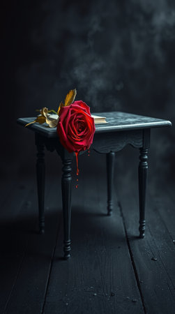 red rose on a black wooden table in a dark room with smokeの写真素材