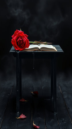 Red rose and a book on a black wooden table on a dark backgroundの写真素材