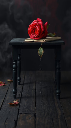 Red rose on a black wooden table with a book and a candleの写真素材