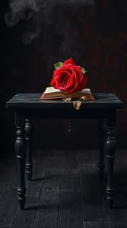 Red rose and book on a black wooden table on a dark backgroundの写真素材