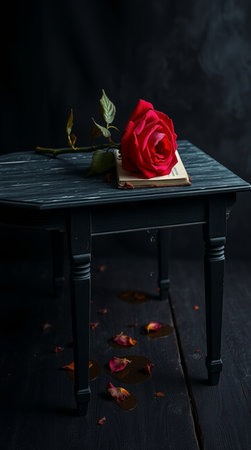 Still life with a red rose on a black wooden table. Dark backgroundの写真素材