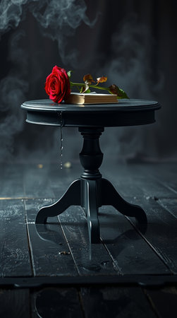 Red rose on the black table with smoke and steam.の写真素材