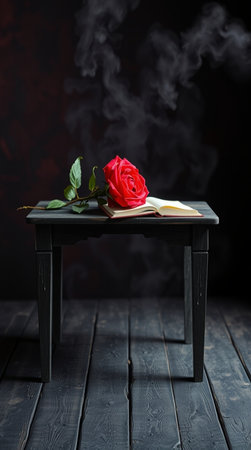Red rose and book on wooden table on dark background.の写真素材