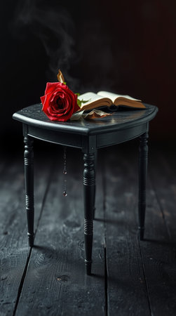 red rose and a book on a black wooden table, vintage styleの写真素材