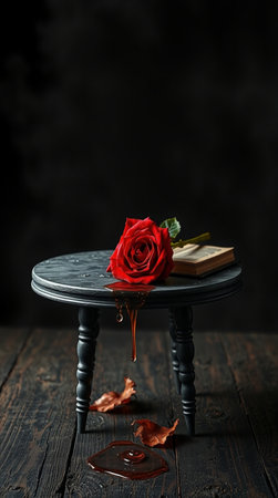 Red rose, book and chocolate syrup on wooden table. Dark backgroundの写真素材