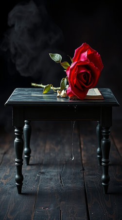 Red rose on a black wooden table. Valentine's Day concept.の写真素材
