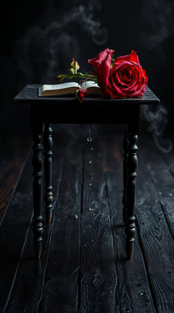 Romantic still life with red rose and book on black wooden tableの写真素材