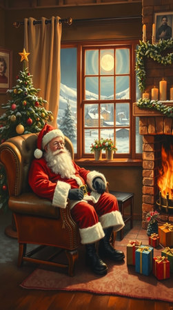 Santa Claus sitting in armchair near fireplace at home. Christmas interior.の写真素材