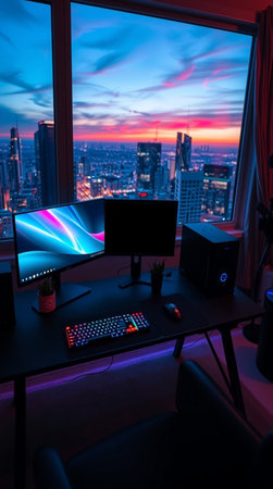 Modern computer room at night with city skyline in the background, horizontalの写真素材