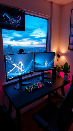 Professional gamer workspace with computer monitors, keyboard, mouse and mouse pad.の写真素材