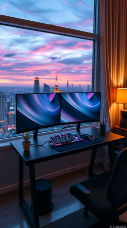 Computer monitor and laptop on table in front of window with cityscapeの写真素材