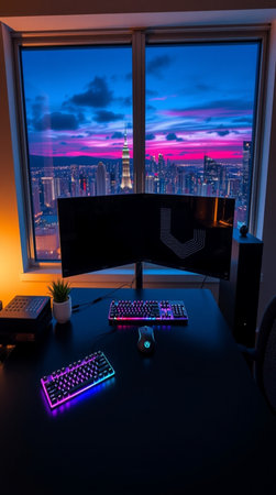 A night shot of a home office with a view of the cityの写真素材