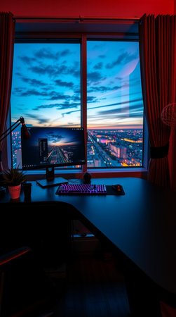 Working place in a dark room with a large window overlooking the cityの写真素材