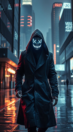 Hooded man in a dark raincoat standing on the street.の写真素材