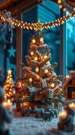 Christmas tree and decorations on the background of a Christmas tree in the villageの写真素材