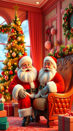 Santa Claus sitting in armchair and looking at the window. Christmas decoration.の写真素材