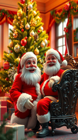 Santa Claus sitting in a chair near the Christmas tree and gifts.の写真素材