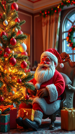 Santa Claus sitting on a chair near the Christmas tree with gifts.の写真素材