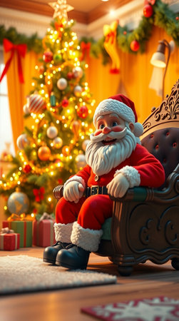 Santa Claus sitting in armchair in room decorated with Christmas tree.の写真素材