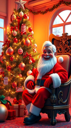 Santa Claus sitting in an armchair next to a Christmas tree.の写真素材