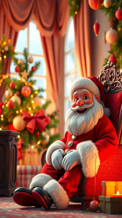 Santa Claus sitting in armchair in room decorated for Christmas and New Yearの写真素材