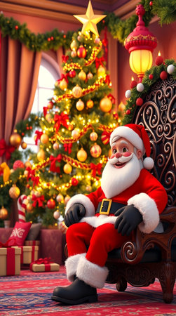 Santa Claus sitting in armchair and looking at camera. Christmas interior.の写真素材