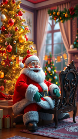 Santa Claus sitting on a chair near the Christmas tree. Christmas concept.の写真素材