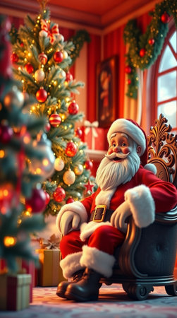 Santa Claus sitting in armchair near Christmas tree at home. Christmas decoration.の写真素材