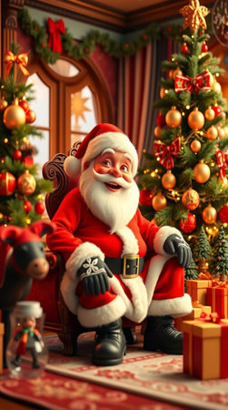 Santa Claus sitting in armchair near Christmas tree with gifts at homeの写真素材