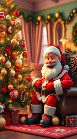 Santa Claus sitting in armchair near christmas tree and gifts.の写真素材