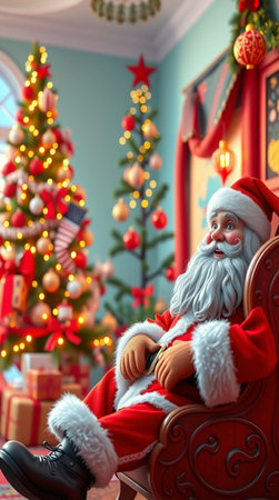 Santa Claus sitting in armchair in room with Christmas tree and presentsの写真素材