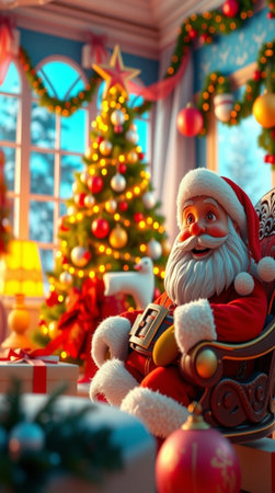 Santa Claus sitting in a rocking chair near the Christmas tree with gifts.の写真素材