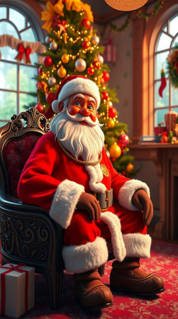 Santa Claus sitting in an armchair near the Christmas tree. Christmas.の写真素材