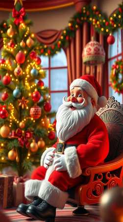 Santa Claus sitting in a rocking chair near the Christmas tree. Christmas background.の写真素材