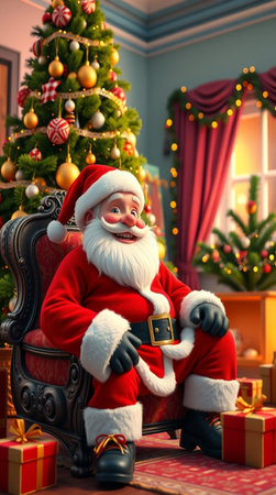 Santa Claus sitting in armchair near Christmas tree and gifts at homeの写真素材