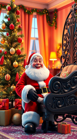 Santa Claus sitting in a chair near a Christmas tree. 3D rendering.の写真素材
