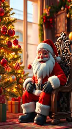 Santa Claus sitting in armchair near the Christmas tree. Christmas concept.の写真素材