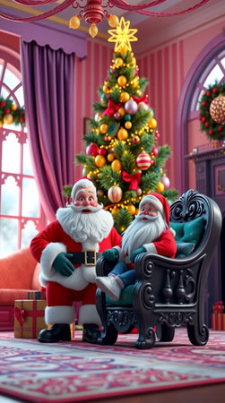 Santa Claus sitting in armchair near the Christmas tree and gifts.の写真素材