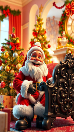 Santa Claus sitting in a chair near the Christmas tree. 3d illustration.の写真素材