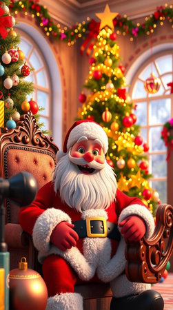 Santa Claus sitting in armchair with Christmas tree in background. 3d illustration.の写真素材